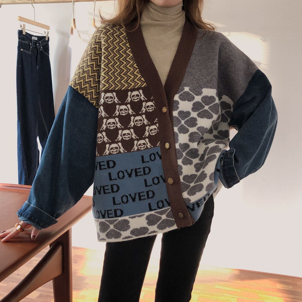 PANEL GRAPHIC BUTTONED RELAXED CARDIGAN OUTER M-18676