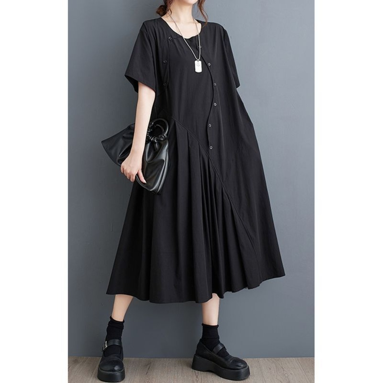 イレギュラーボタンディテール ミモレ丈 ワンピース  30004