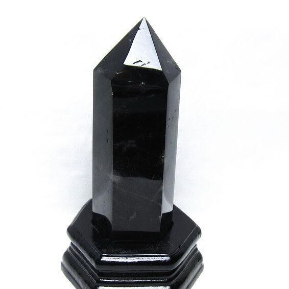 黒水晶 六角柱 モリオン ポイント 置物 一点物 台座付属 152-4332