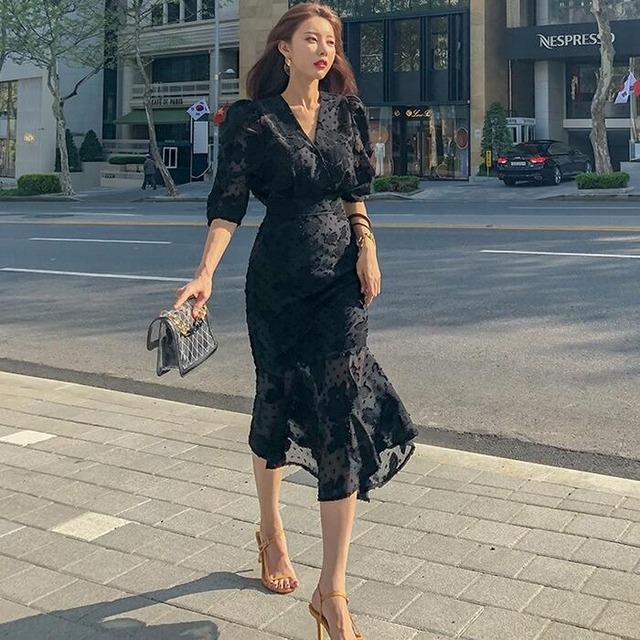 大きいサイズ結婚式 ワンピース ロングワンピ 袖あり エレガント Vネック シアー 花柄 ミモレ丈 きれいめ レディース ワンピ ドレス 五分袖 フレア 透け感 フォーマル セレモニー 発表会 大人可愛い 二次会 ブラック 黒 春 秋 夏 代 30代 40代 50代 Like