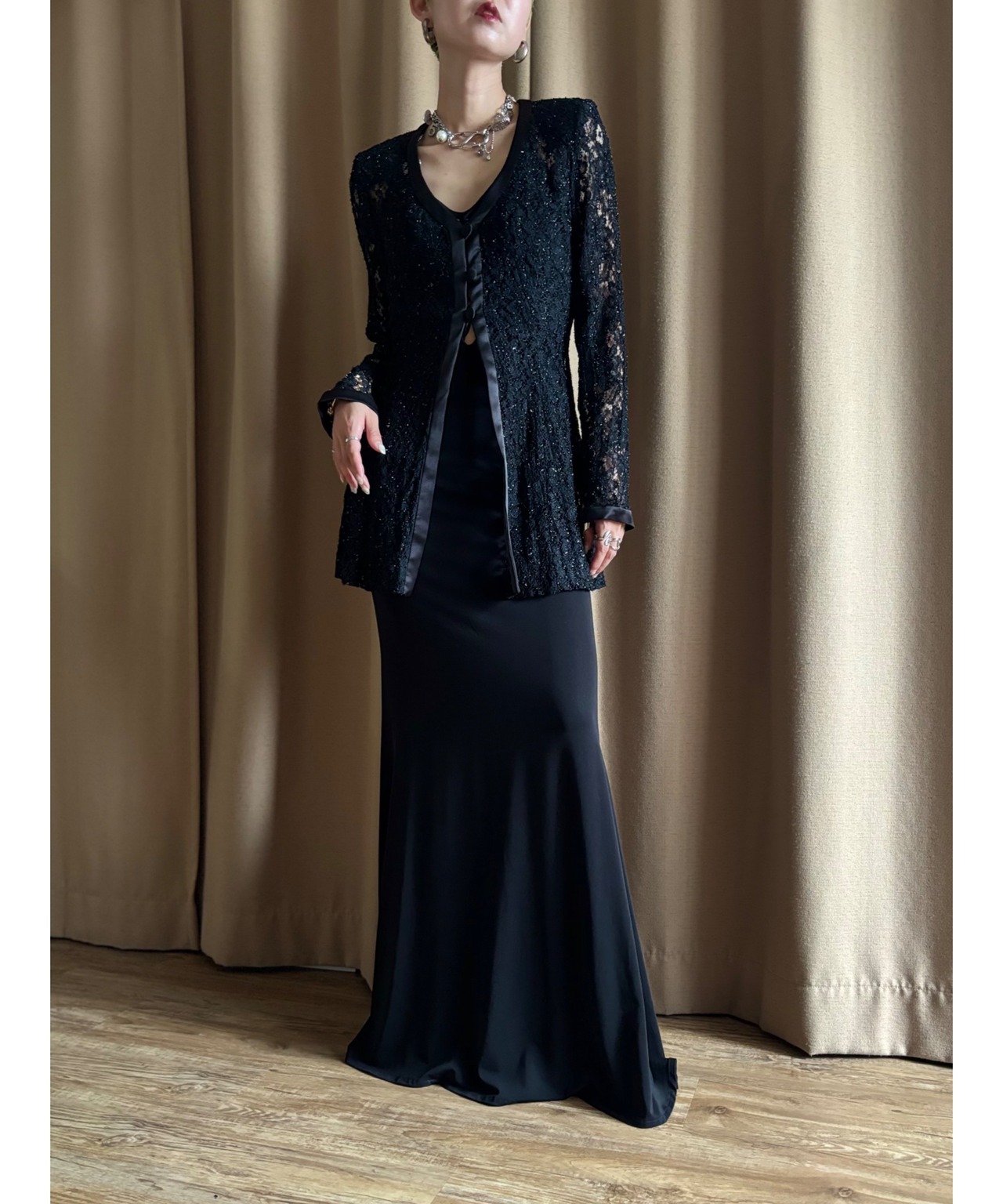 2way collar black lace shirt-4802-7