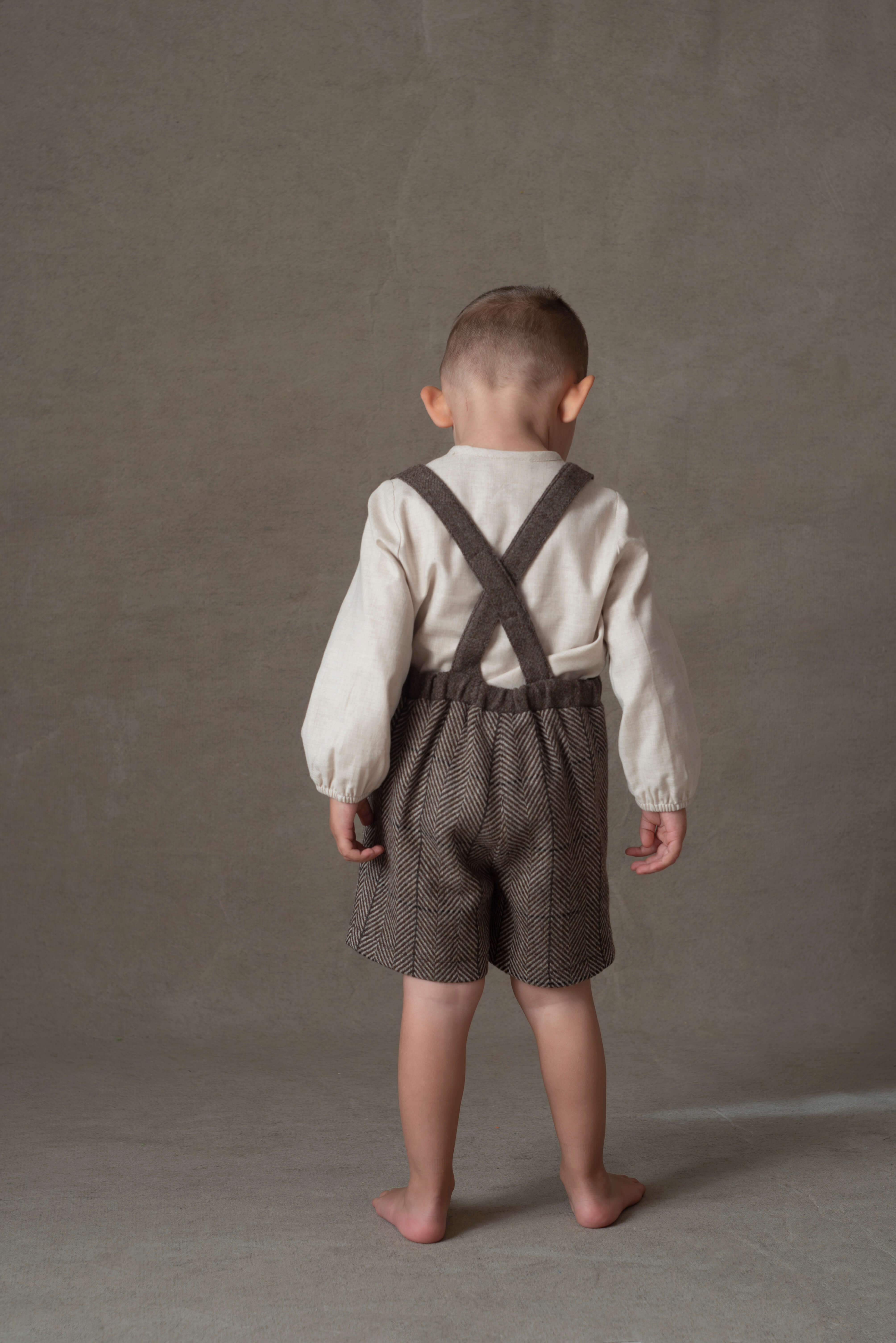 【即納/送料無料】popelin / Brown herringbone woollen short with crossover straps