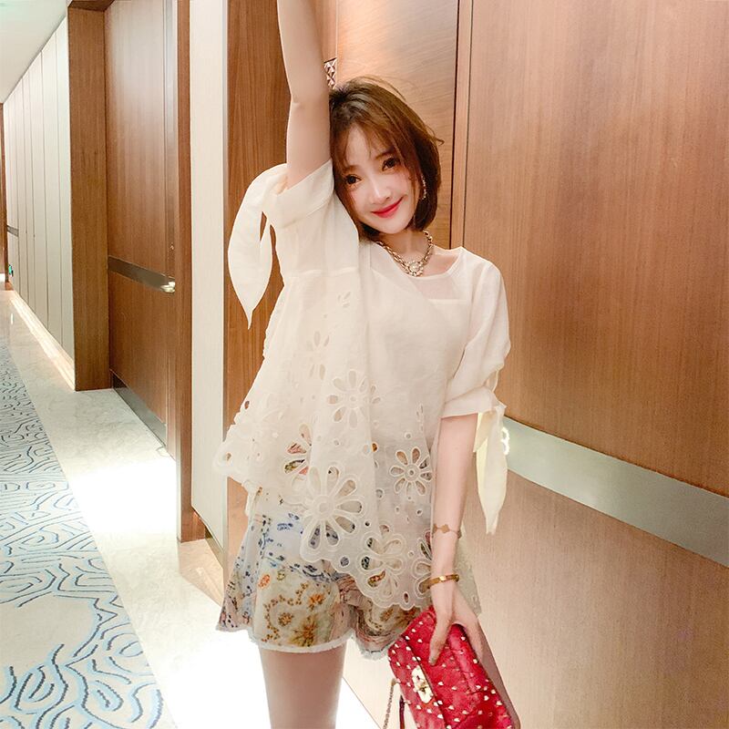 ラウンドネック刺繍トップス サマー 夏物 Oネック フラワーデザイン MIUCO34975752529