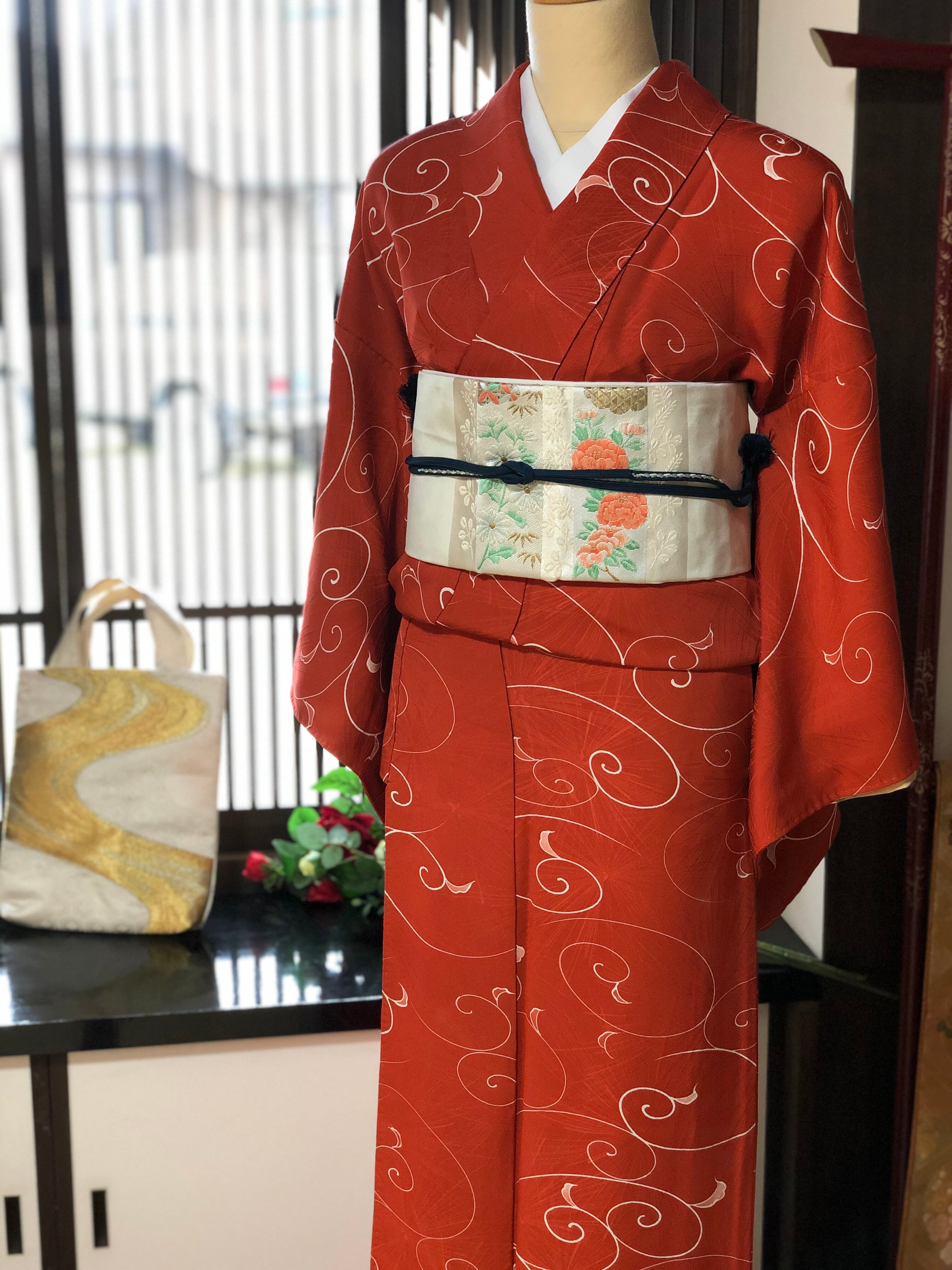 小紋 花唐草模様 紅鼠色 縮緬 K-4488 0e79ad32019ae6ab20170e6d464349