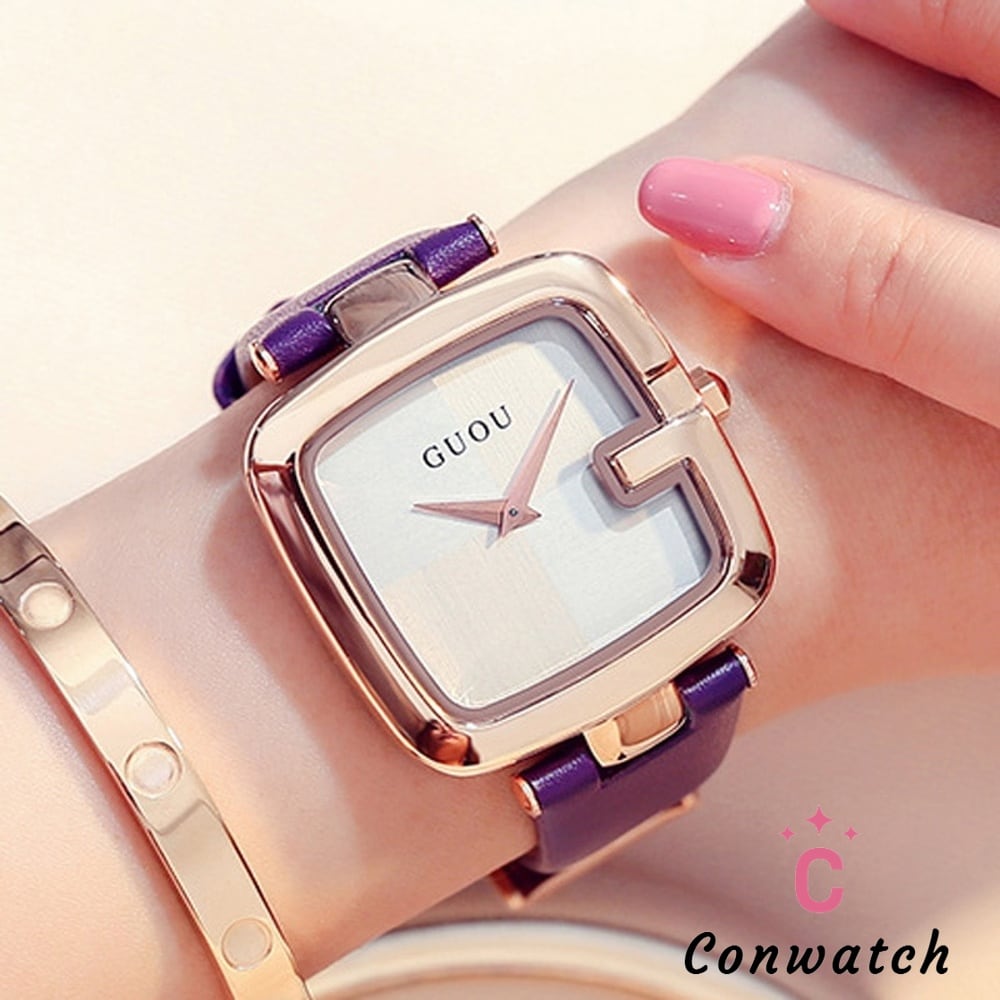紫】高級時計 レザーブレスレット 時計 Guou 女性 ファッション