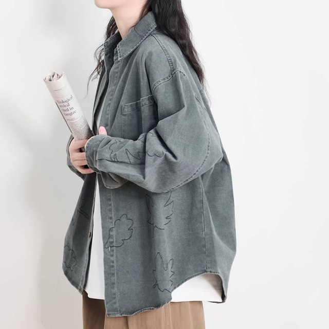 リーフモチーフステッチルーズフォルムシャツ 2col   R01940