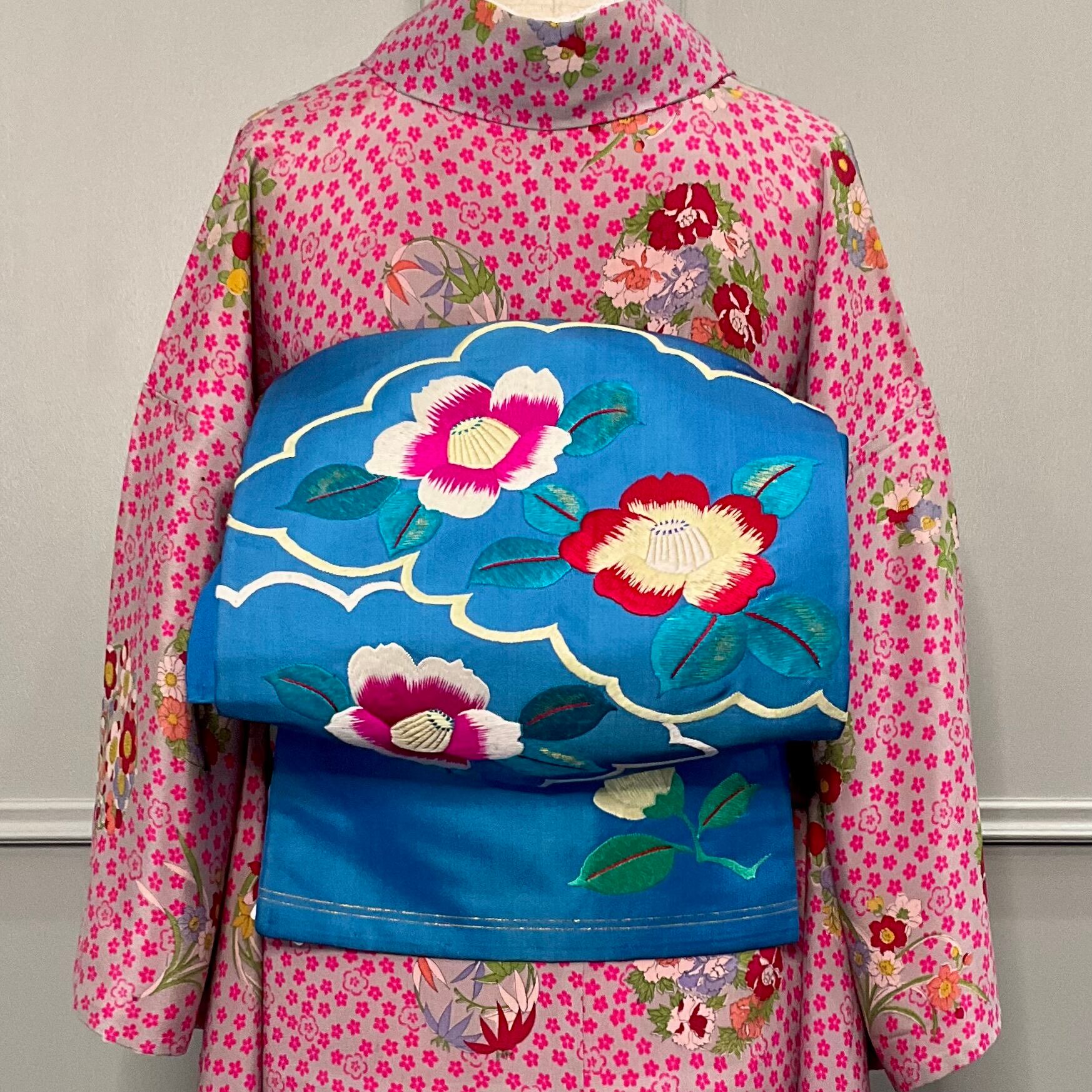ツバキ浪漫＊椿 雲取り 刺繍 繻子 ブルー 青 花 アンティーク名古屋帯