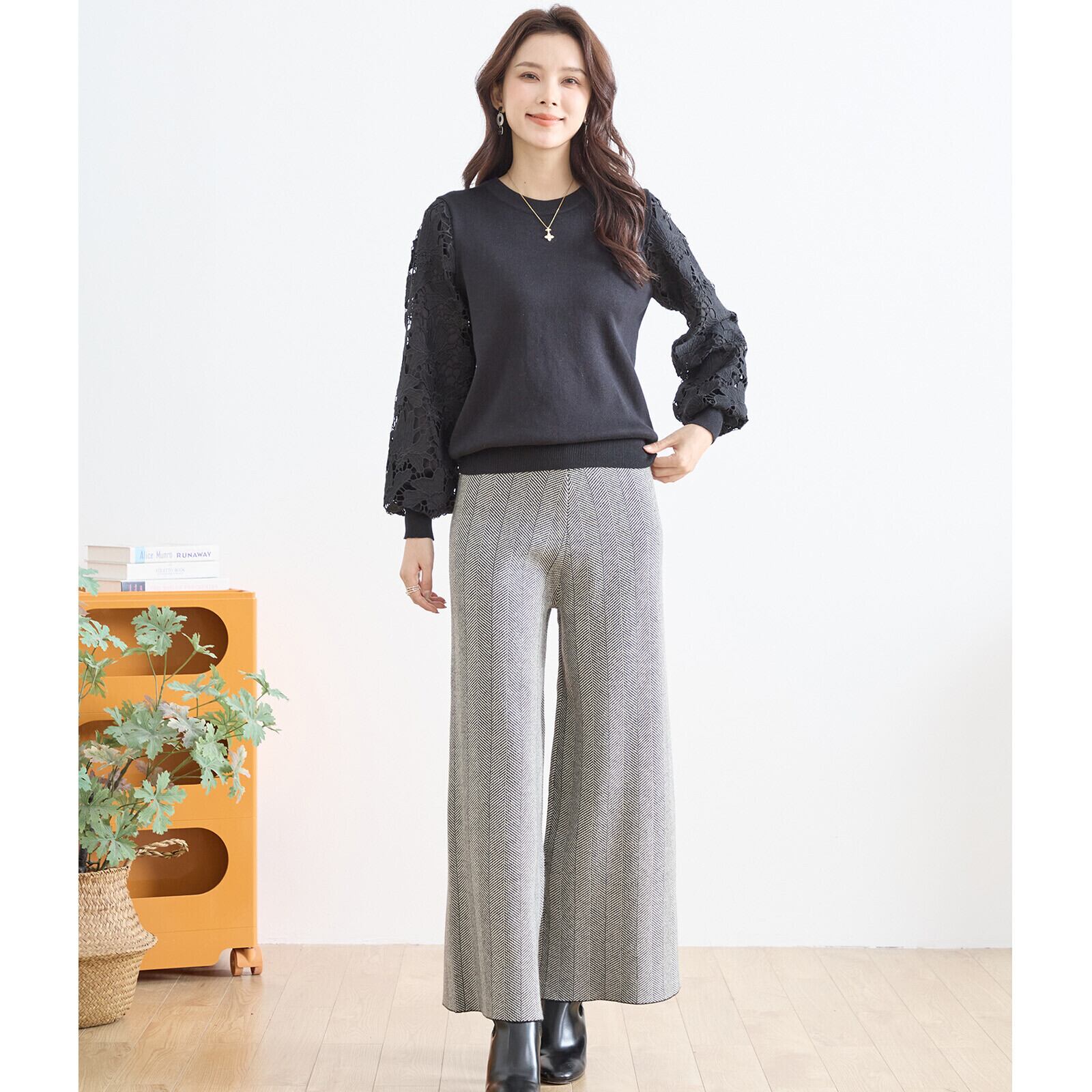 【M〜L】ヘリンボーン柄ワイドパンツ(C35-107E)