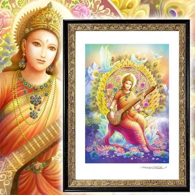 【ヒンドゥー教の女神・サラスヴァティ】SSサイズ（210㎜×285㎜）│スピリチュアルジクレー版画│エターナルオラクルカード