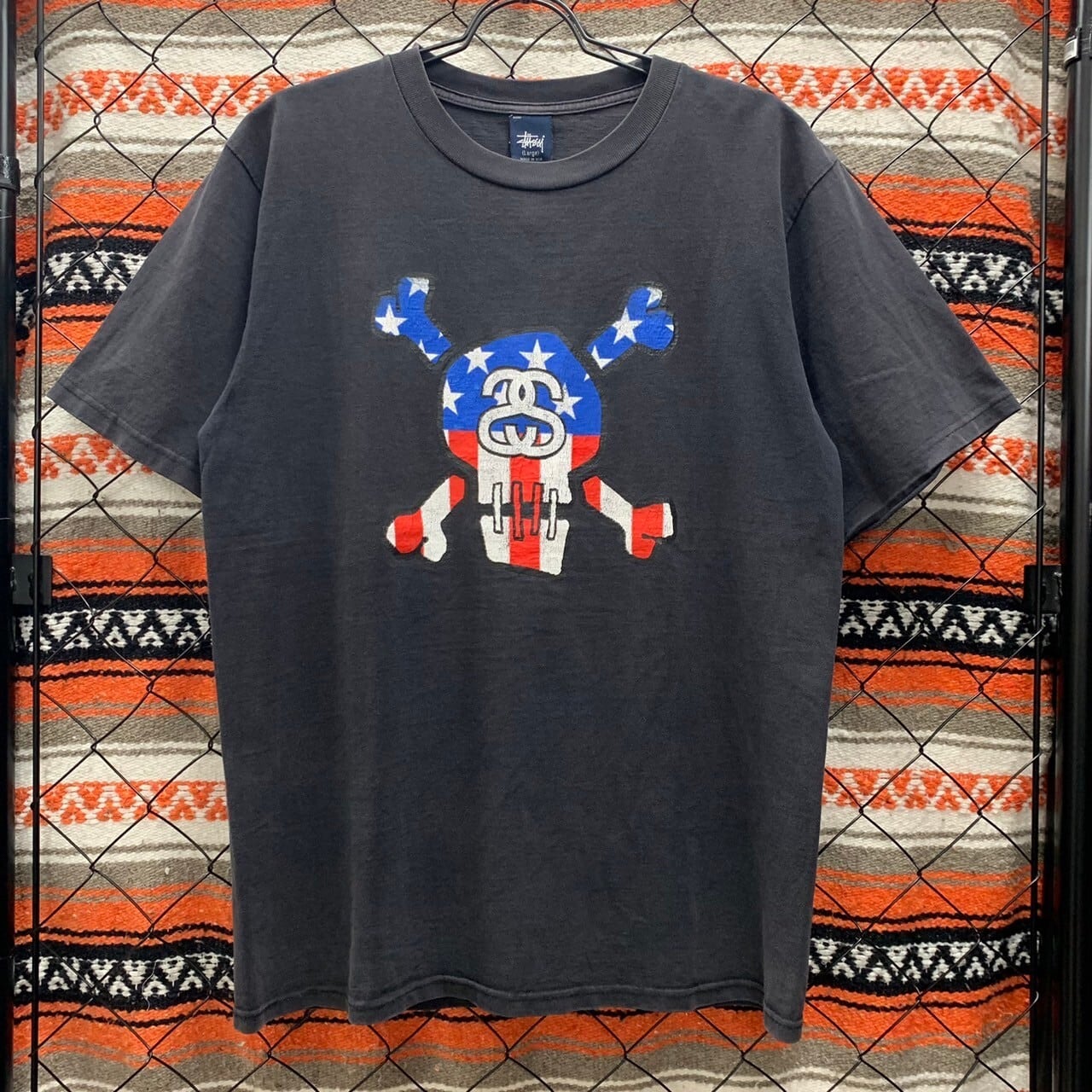 90s USA製 STUSSY ステューシー 半袖 星条旗 スカル 紺タグ L 90s USA製 STUSSY ステューシー 半袖 星条旗 スカル 紺タグ L
