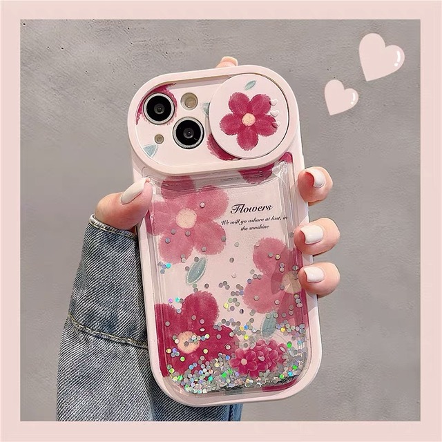 iPhoneケース iPhone14 iPhone13 流れるグリッター カメラ保護 花柄 キラキラ 夏 かわいい スマホケース おしゃれ 韓国 2591