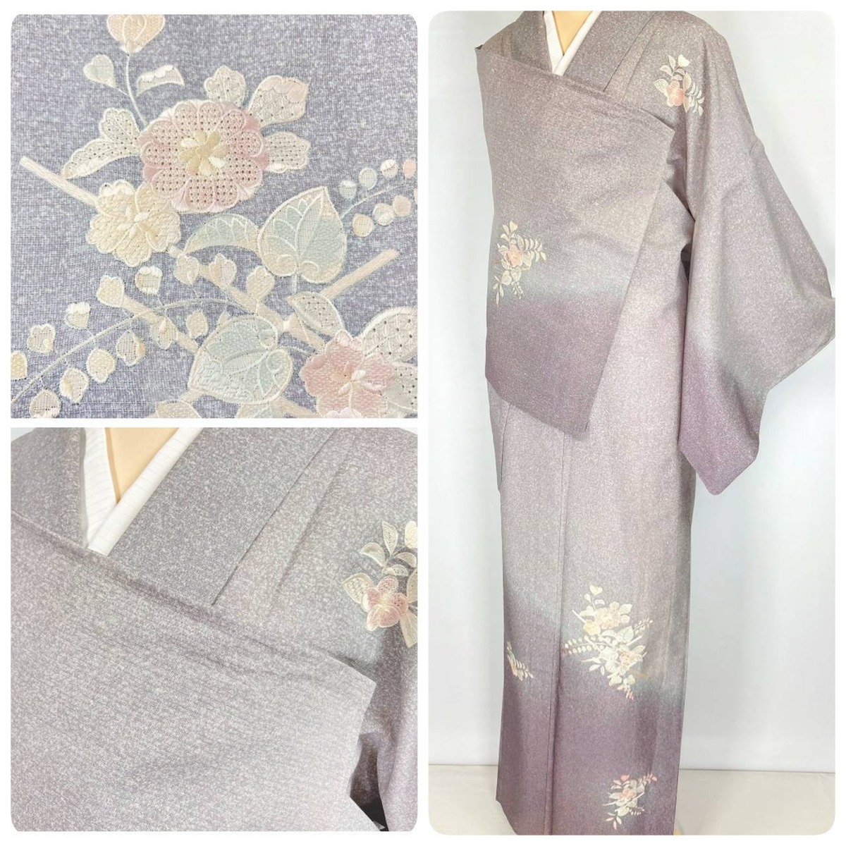 夏】辻が花 汕頭刺繍 紗 天目染め 訪問着 正絹 グレー 紫 パステル 932 