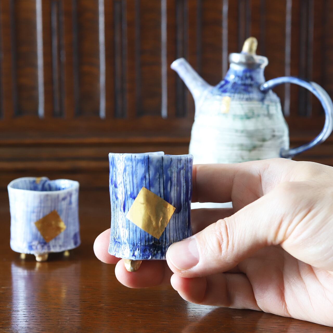 松尾貞一郎 ｜ 瑠璃 酒器セット（注器1点・ぐい呑み2点）貞土窯