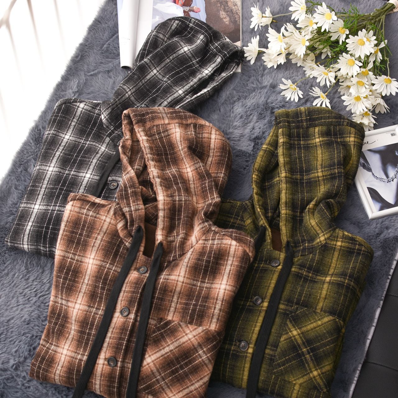 チェック柄 フード付き裏ボア風 あったかシャツジャケット Ln00444