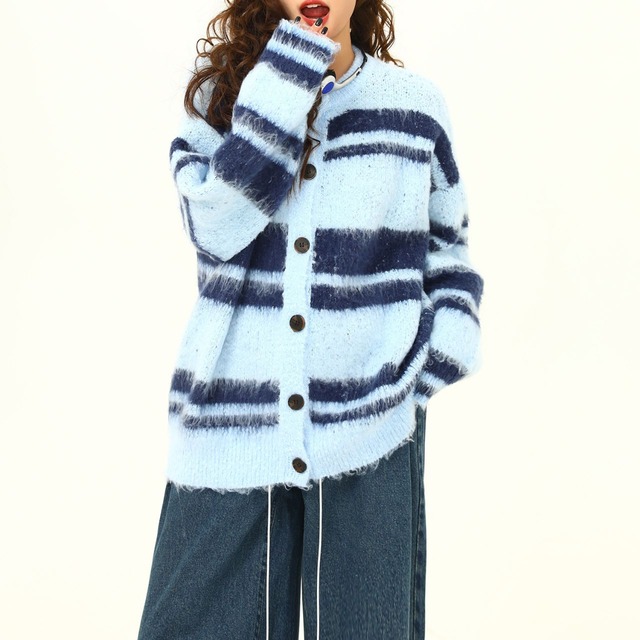 アートストライプシャギーカーディガン 2col   R01296