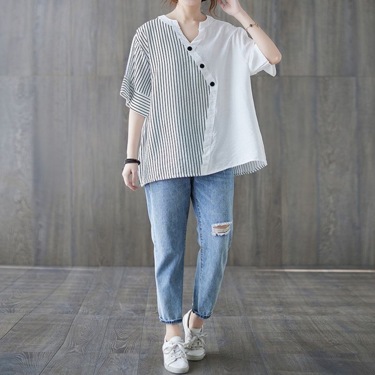 バイカラー ストライプ切替 Tシャツ  30222