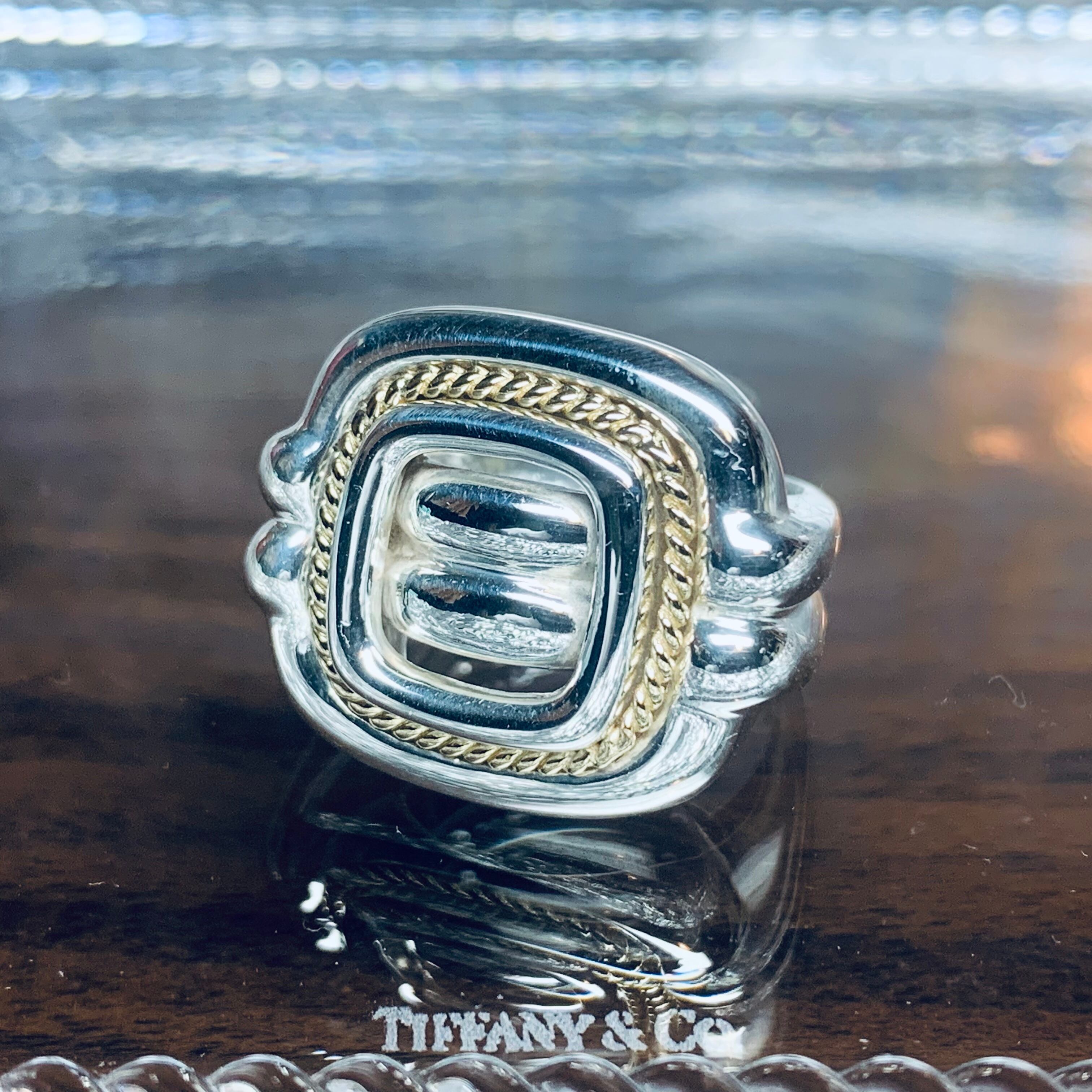 VINTAGE TIFFANY & CO. 18K Gold Combi Cushion Ring Sterling Silver  