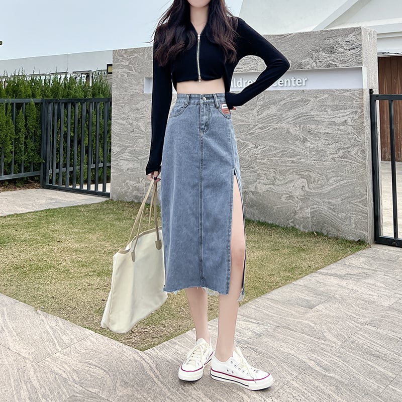 【新作】【送料無料】 スリットデニムスカート女性のための 2022 春と夏の新しいハイウエスト A ラインスカートミドル丈スカート痩身 0374810823344
