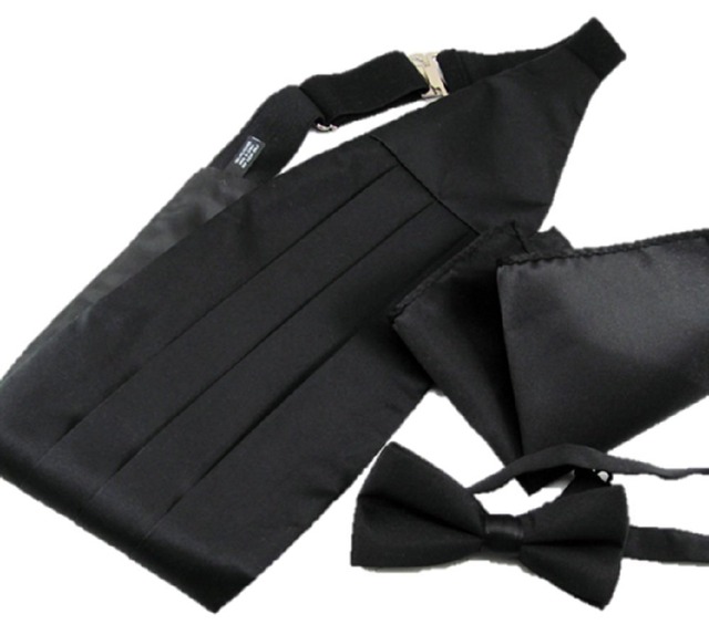 [Miaomyao] カマーバンド 蝶ネクタイ チーフ 3点 セット 黒 ブラック 紳士 男 メンズ 用 タキシード 結婚式 ウェイター バーテンダー