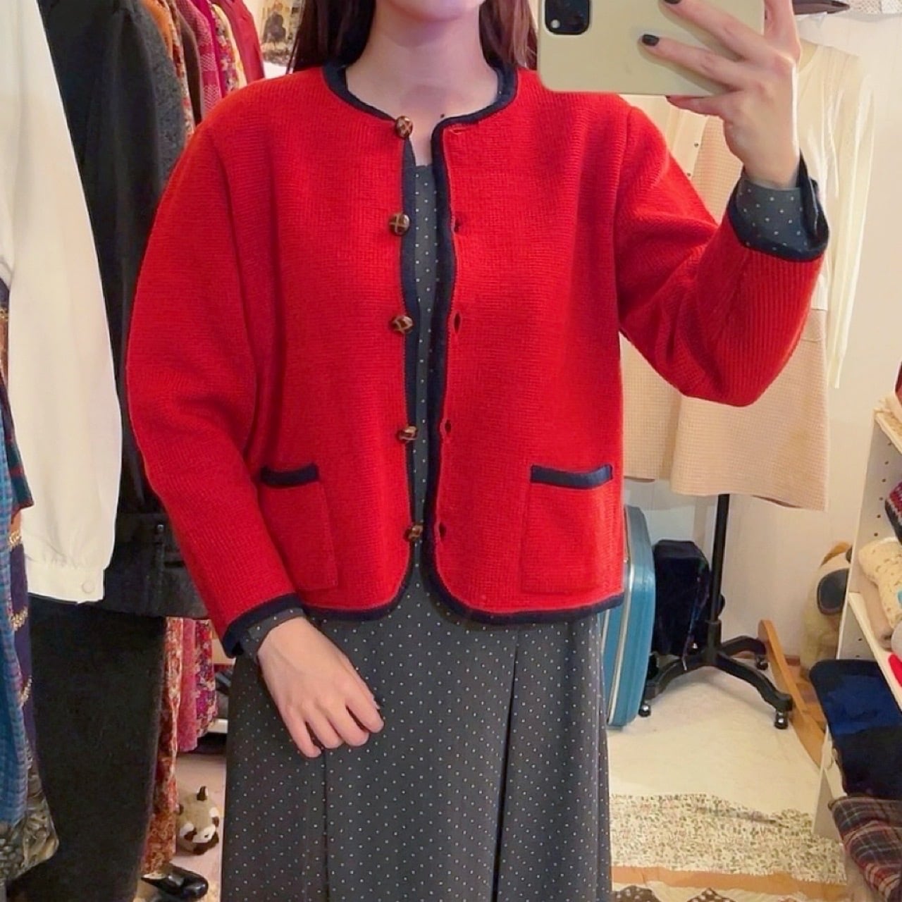 red × navy piping knit cardigan