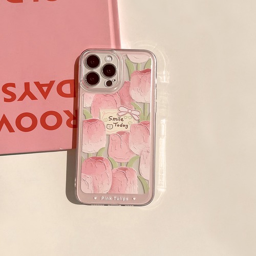 iPhone14 Pro Max/13/12ケース チューリップ 花柄 透明 可愛い● アイフォン13プロカバー 手描き風 芸術的 シリコン素材 手馴染みやすい！