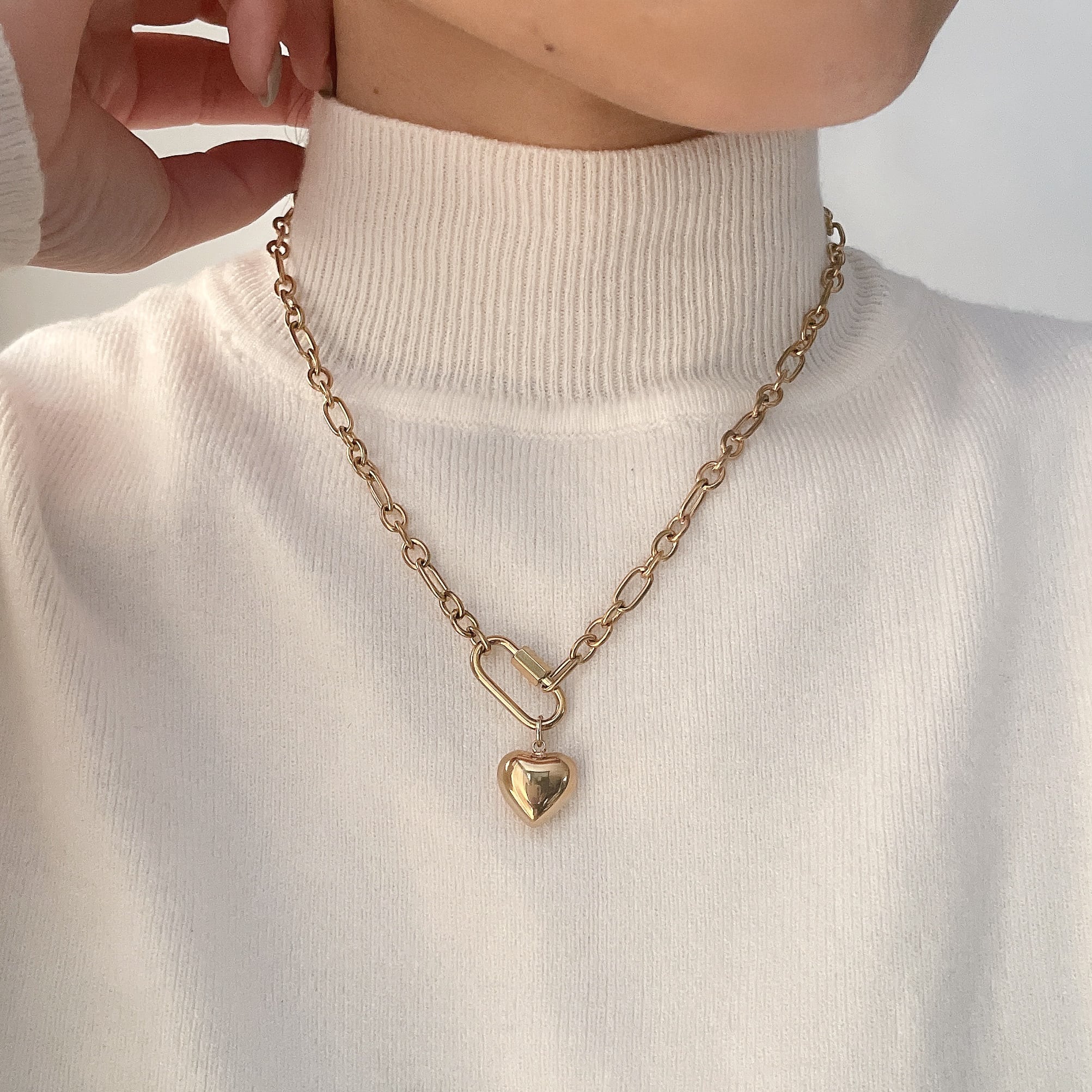 ハートチャーム&チャンキーチェーンネックレス ゴールド リニューアル