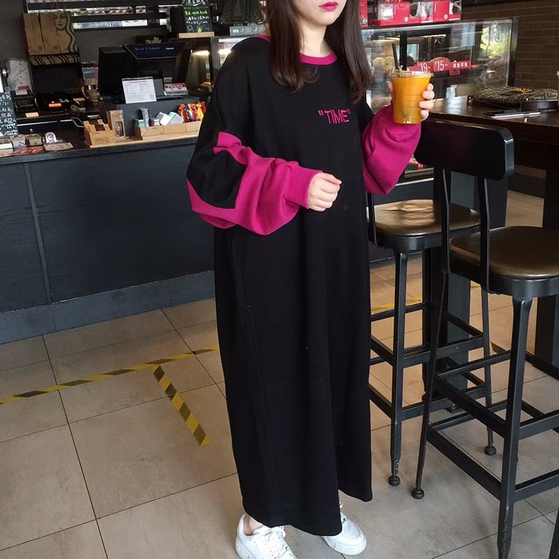 黒 ピンク ワンピース スウェット カジュアル トレーナー パーカー