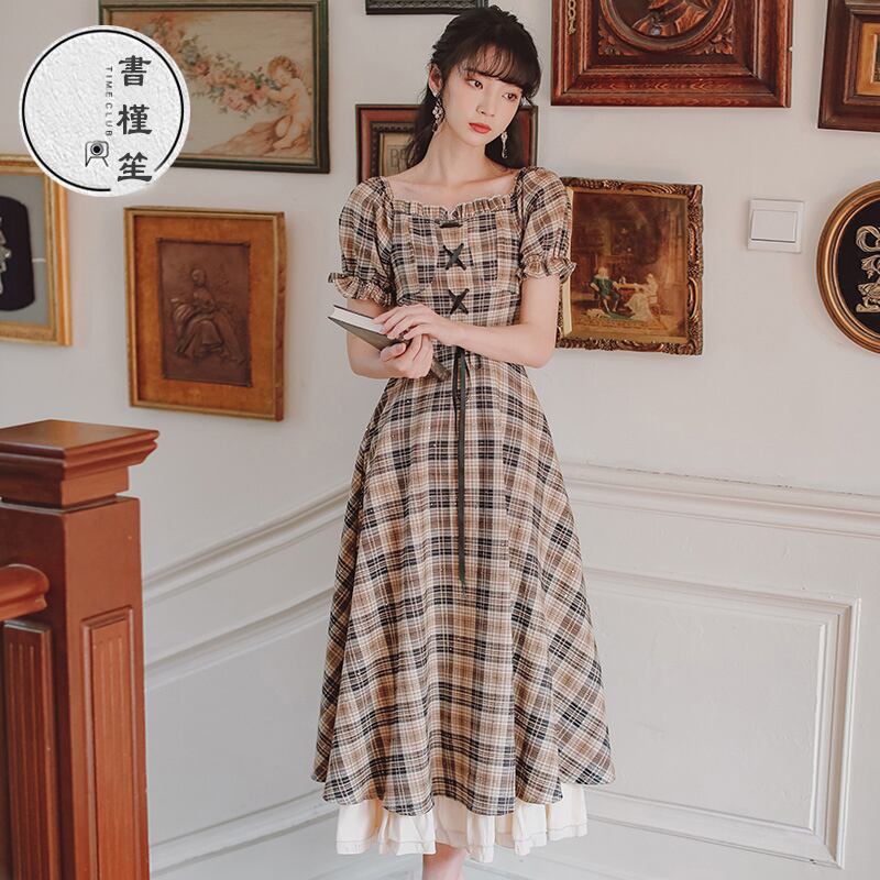 書槿笙シリーズ チェック柄ワンピース 半袖 ロング丈 デート 女子会 気質アップ S M L 着痩せ Elegant