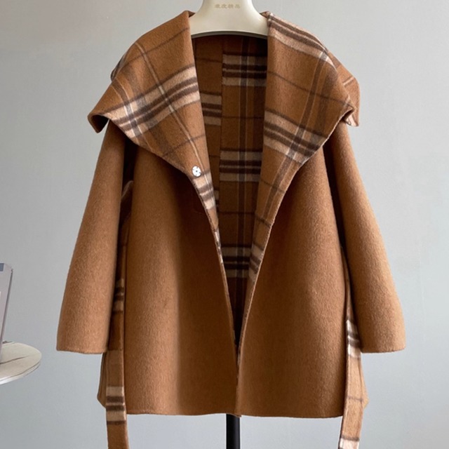 裏地チェック ウール70%  ガウン ミディ丈 ウールコート アウター キャメル