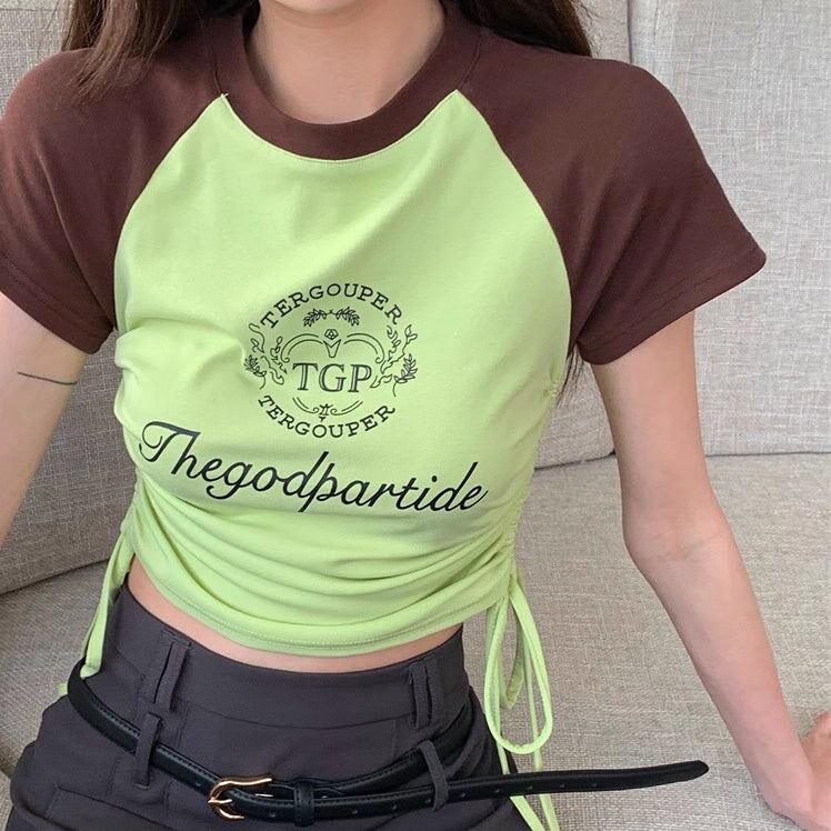 ラグラン クロップド Tシャツ レディース 韓国 サイドリボン 夏