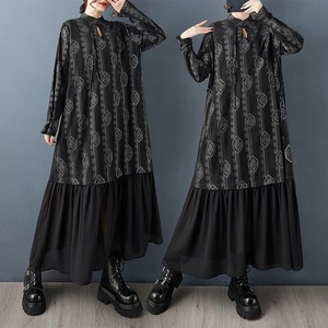 大きいサイズ 新品 秋冬 レトロ ストライプ チャイナ風 ロング ワンピース 黒