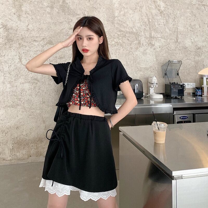 シフォンウエスタンスタイル巾着スカートスーツレディースサマーニットシャツ2020新しいフローラルスリングツーピーススーツ ブラックストロベリース6331774467