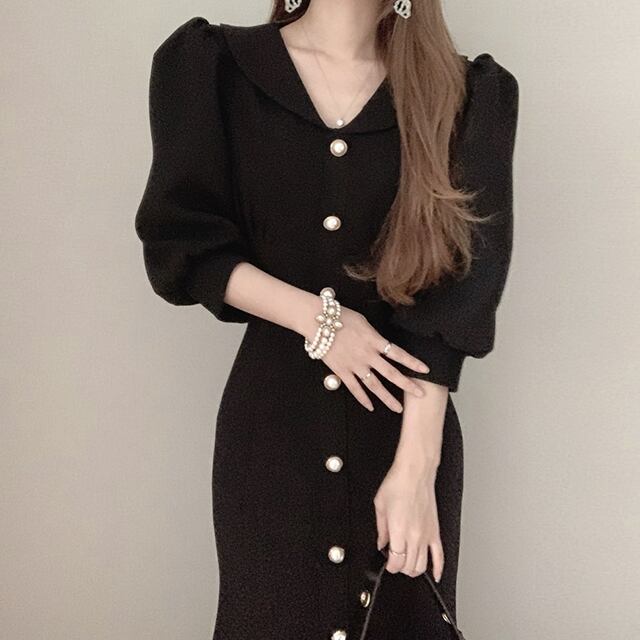 ワンピース レディース ロングワンピース 2カラー S M L アイボリー ブラック カラバリ 7分袖 無地 パールボタン 丸襟 パフスリーブ マーメイドシルエット ハイウエスト スタイルアップ 脚長効果 体型カバー シンプル きれいめ カジュアル フェミニン ガーリー 上品 大人可愛い おしゃれ 普段使い イベント デート お出かけ 休日 通勤 旅行 お呼ばれ ファッション コーデ スタイル モテ 着まわし 送料無料 存在感 こなれ感 春 夏 秋 20代 30代 40代