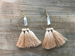 Crystal×tassel hoops (gold beige) 