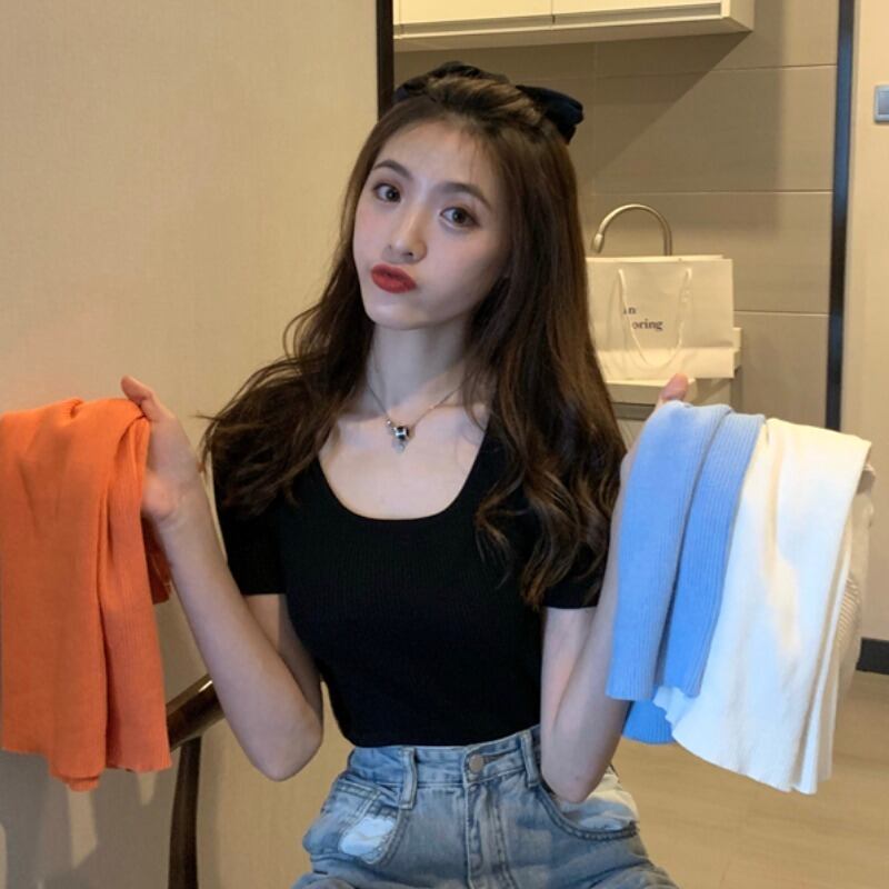 ニットTシャツ シャツ レディースサマースリムソリッド カラートップス 夏物 ソリッドカラー スクウェア YY-ファッション55243974419