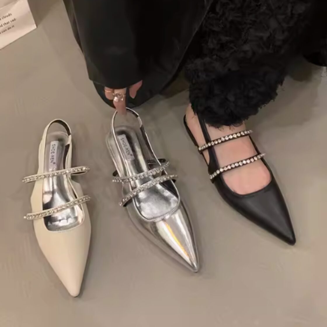 ミュール ビジュー バックストラップ 靴 細ストラップ ぺたんこ