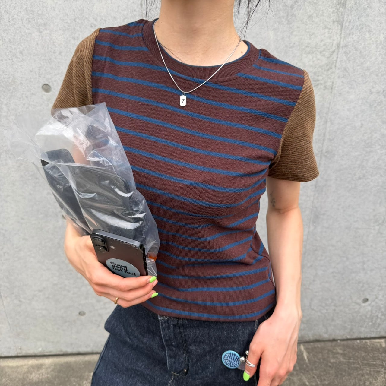 袖切り替えバイカラー リブボーダー半袖Tシャツ_LN03929