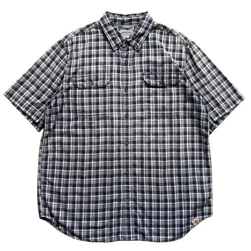 【CARHARTT】ボタンダウン 半袖シャツ ワーク メンズ XL GRAY/NAVY チェック コットン ロゴ 刺繍 カーハート RELAXED FIT 古着