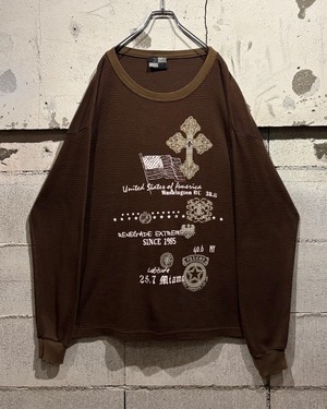 【Caka otto】Cross × Flag Print Design L/S Thermal T-Shirt