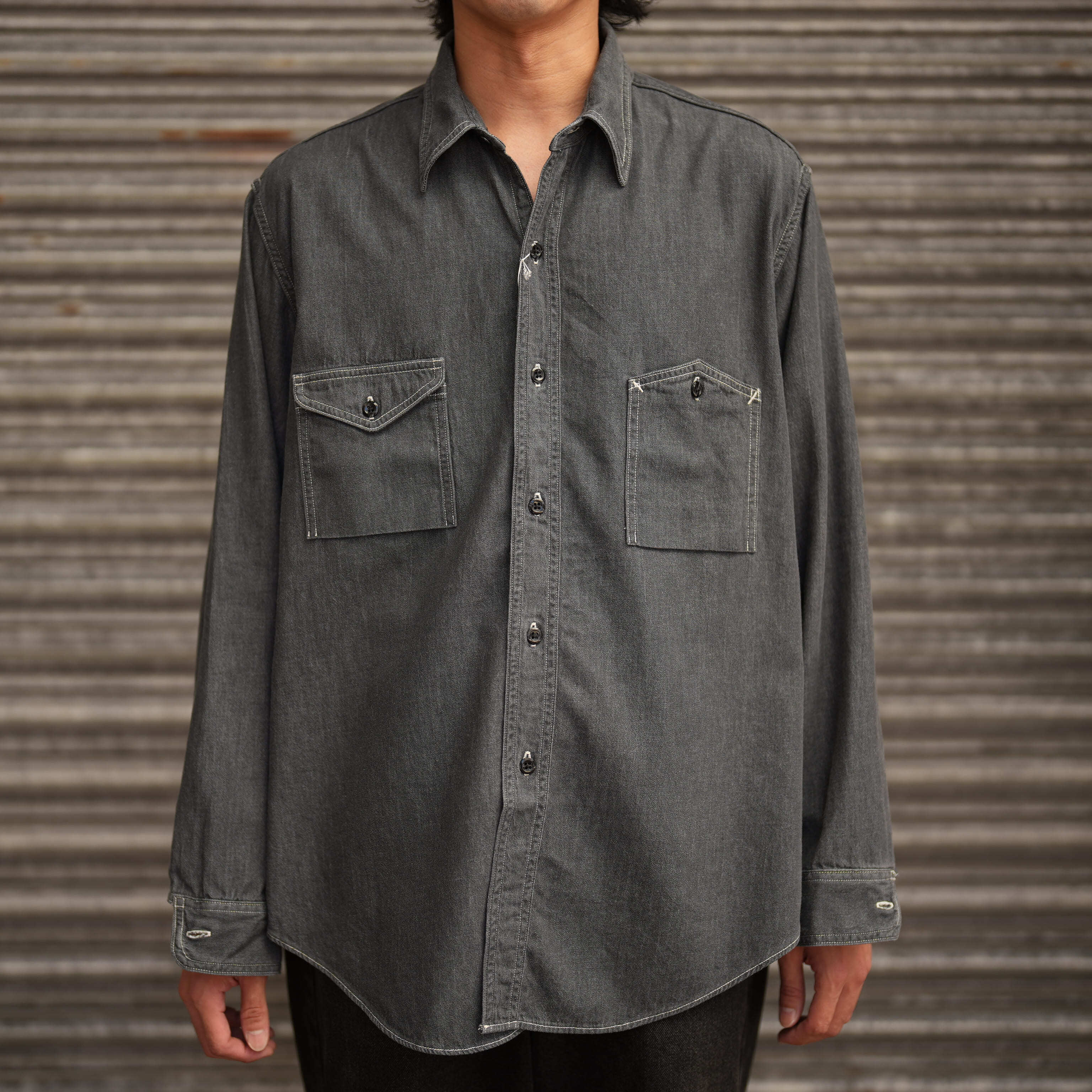 FOUNDOUR (ファウンダ) 26AW "DENIM ASYMMETRIC POCKET WORK SHIRT" -BLACK-