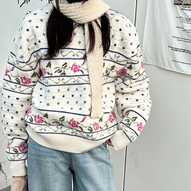 floral round-neck loose knit　J00357