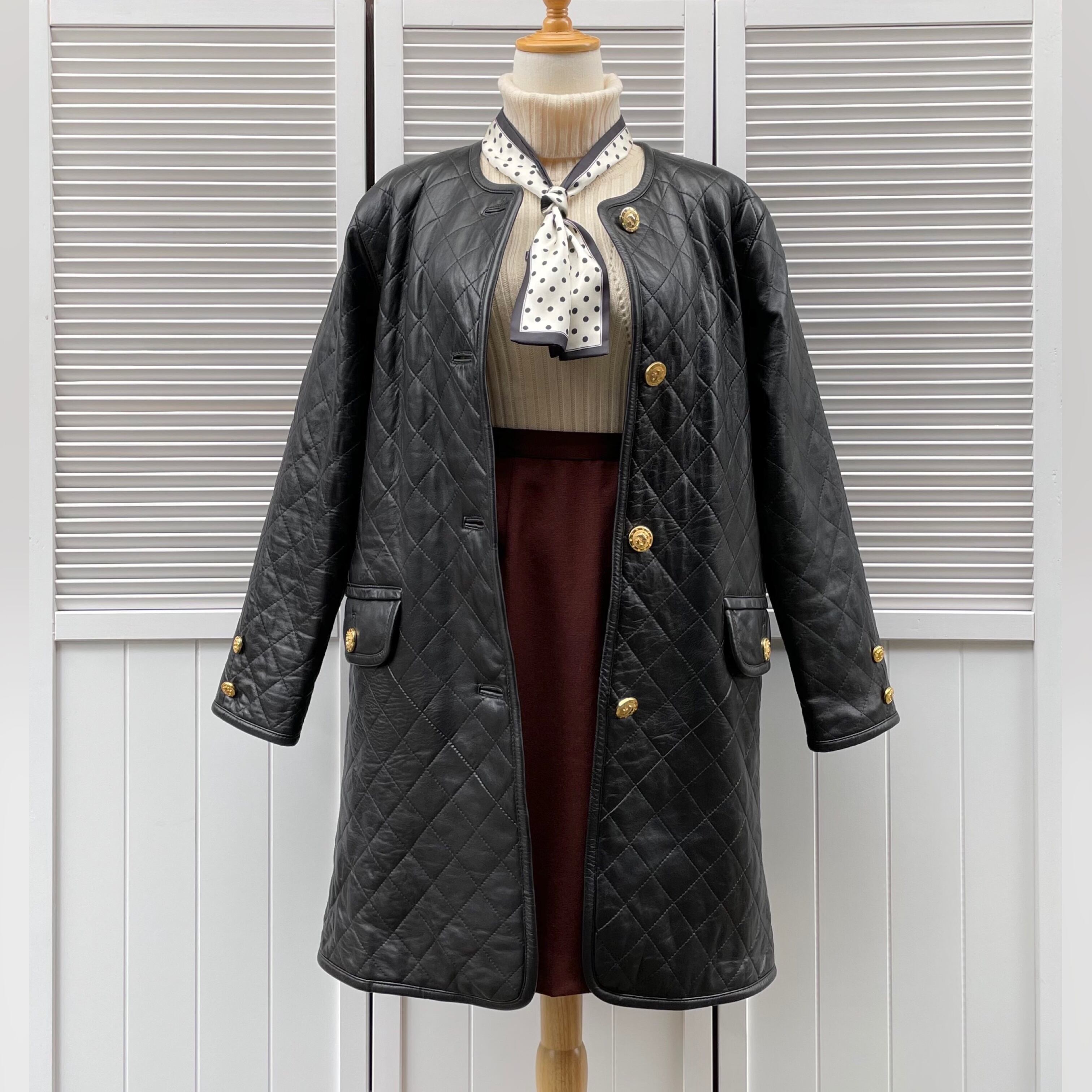 quilt real leather collarless coat 〈レトロ古着 キルトリアルレザー