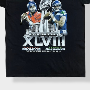 【AAA】NFL 2014 Super Bowl スーパーボウル プリント Tシャツ 両面プリント バックプリント 黒t 半袖 アメフト BRONCOS SEAHAWKS LARGE US古着