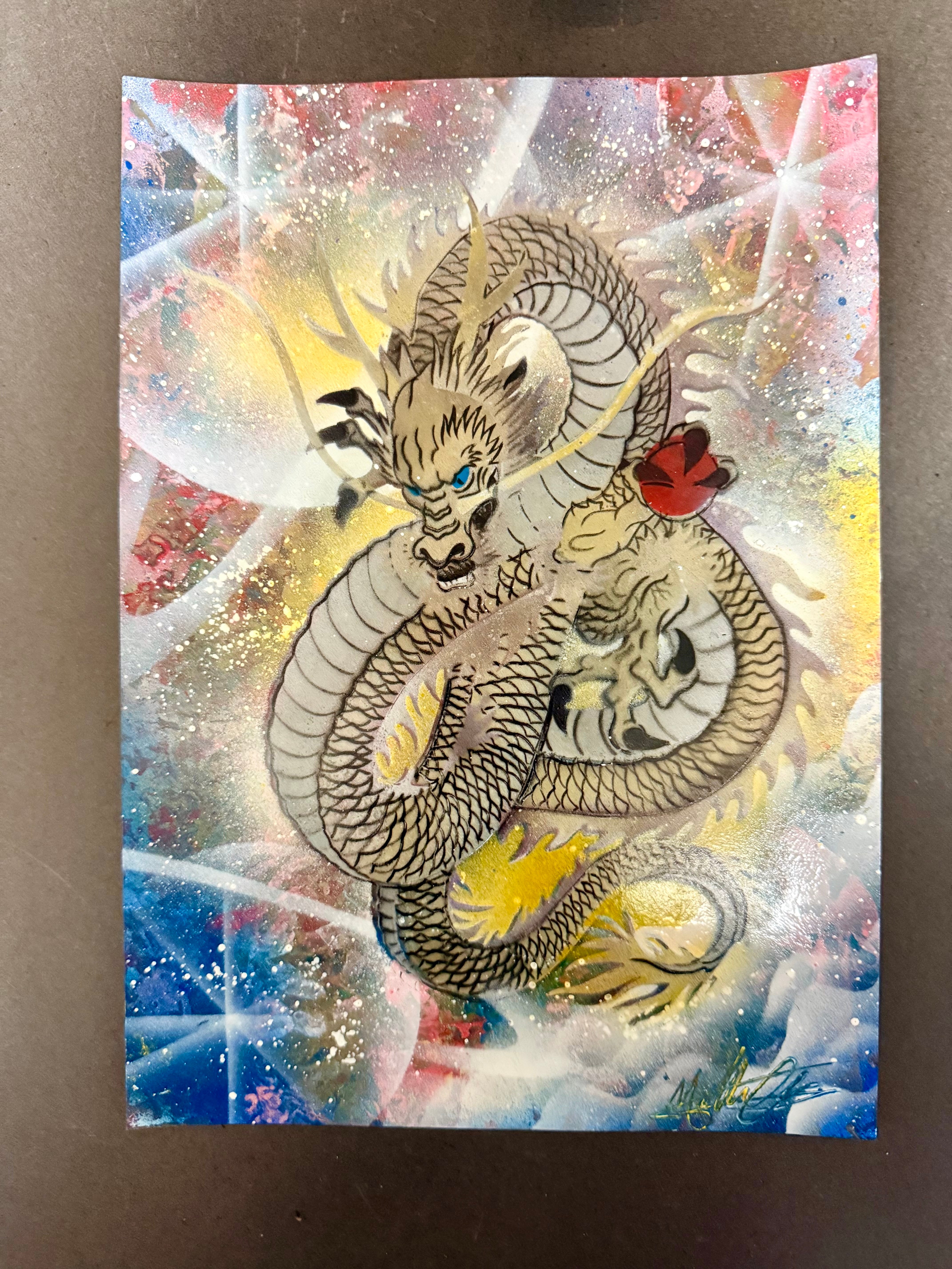 水彩画 ふぅ神様絵画A4サイズ ⭐️4点売れました⭐️ A4 ポスター 神秘的な キラキラ 虹龍 宇宙 龍神