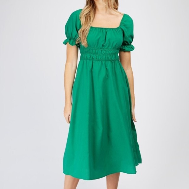 【Little Mistress】パフスリーブ 半そで ワンピース スクエアネック ミディアム丈