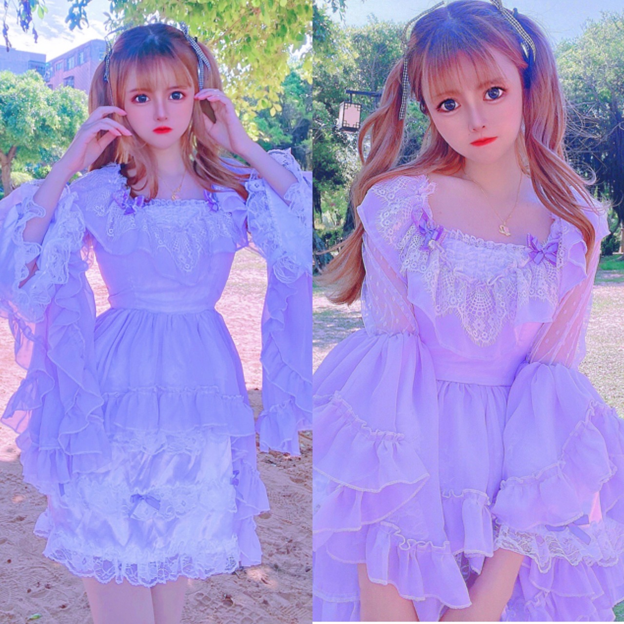 パープル 紫 リボン フリル ガーリー ワンピース | LOVEYsmileSHOP