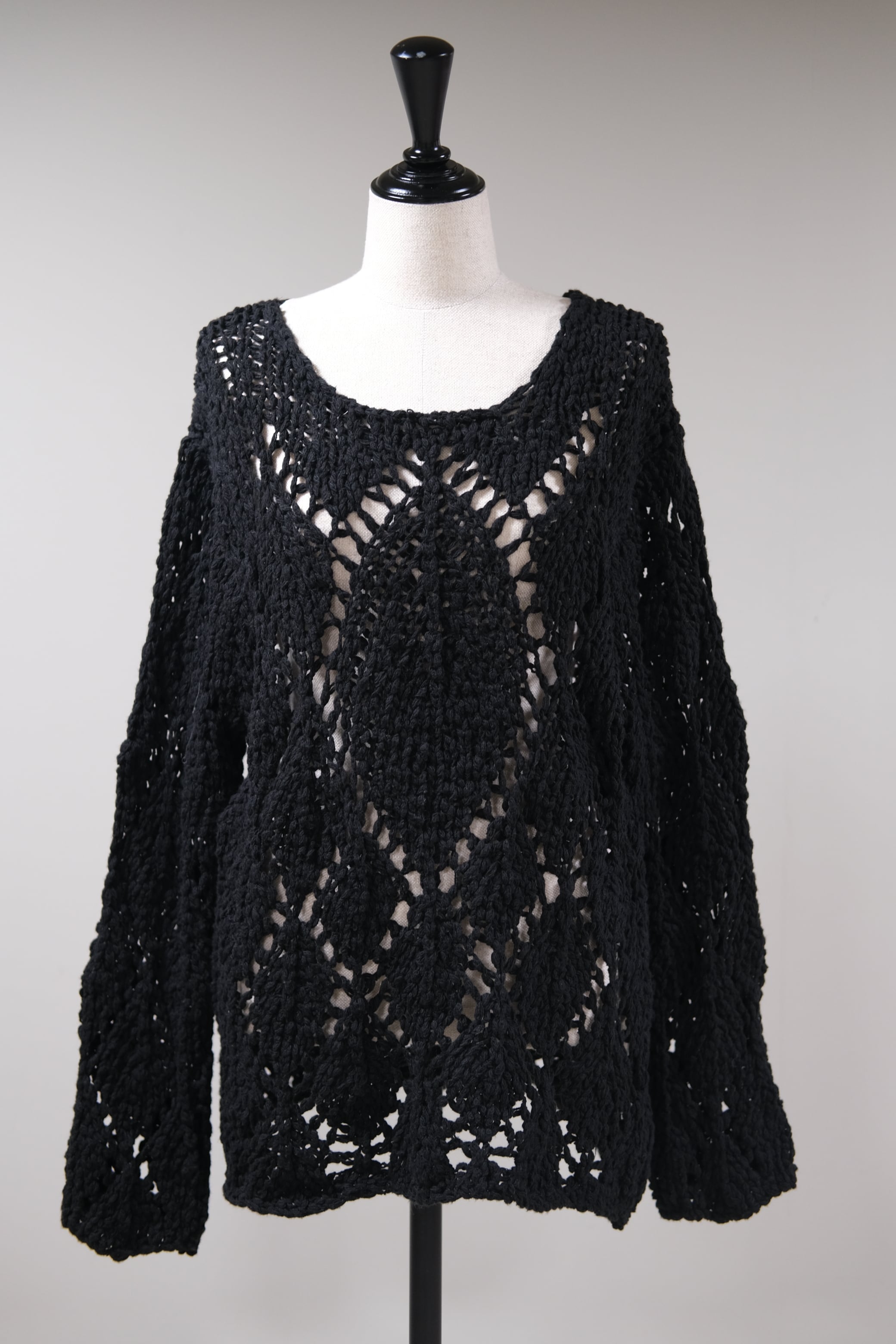 OPEN YY】COTTOM ARGYLE POINTELLE PULLOVER - black - | loop