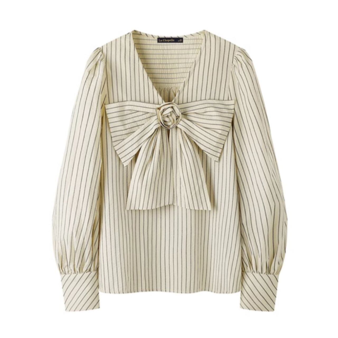 Striped V-Neck Ribbon Blouse F0242