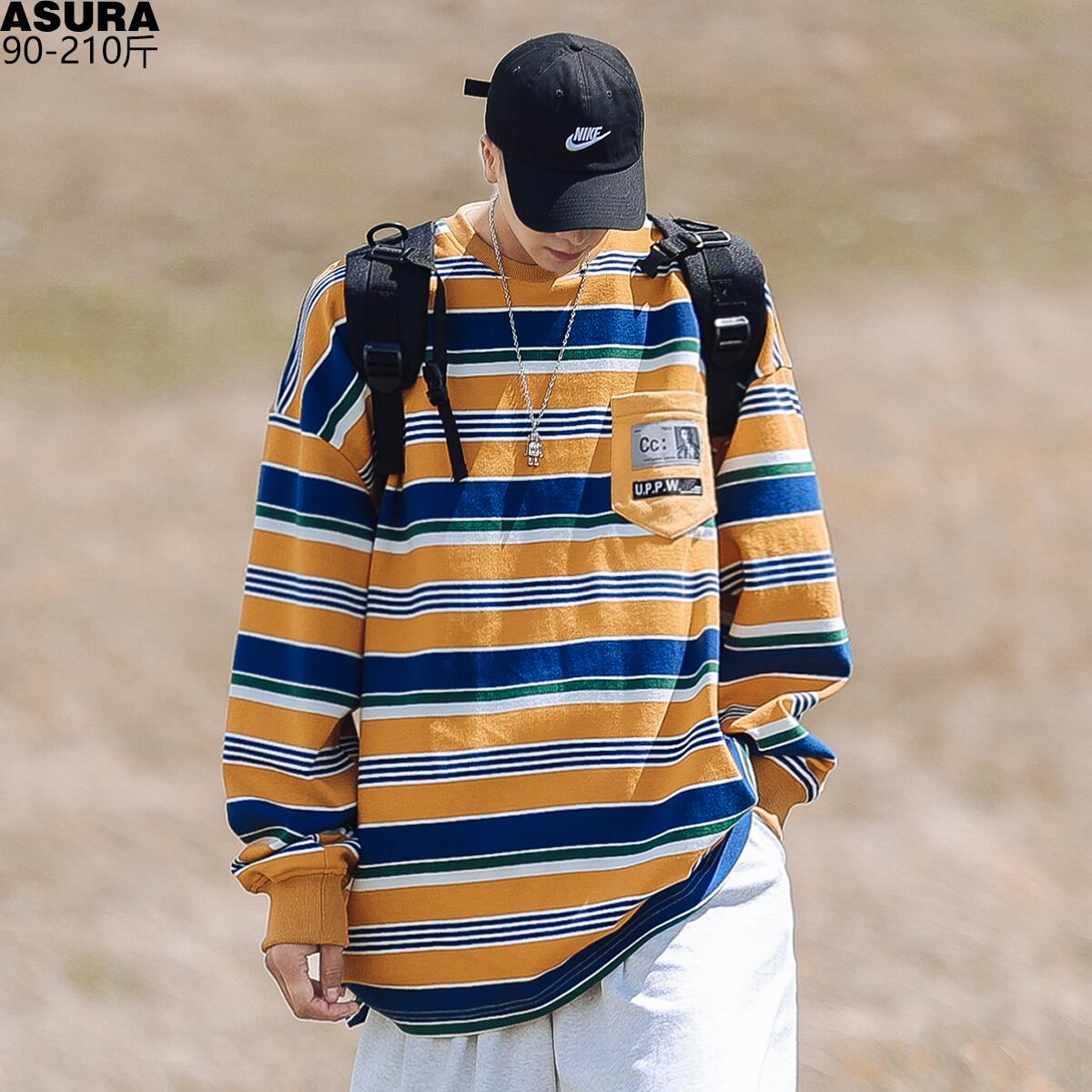 ストライプセーター ラウンドネックルーズTシャツ オータム ロング 大きめサイズ 秋物 Oネック ASURAプラスサイズメンズ6826488582