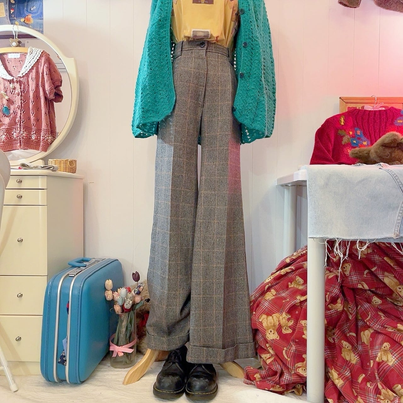 high waisted glen plaid wide leg pants
